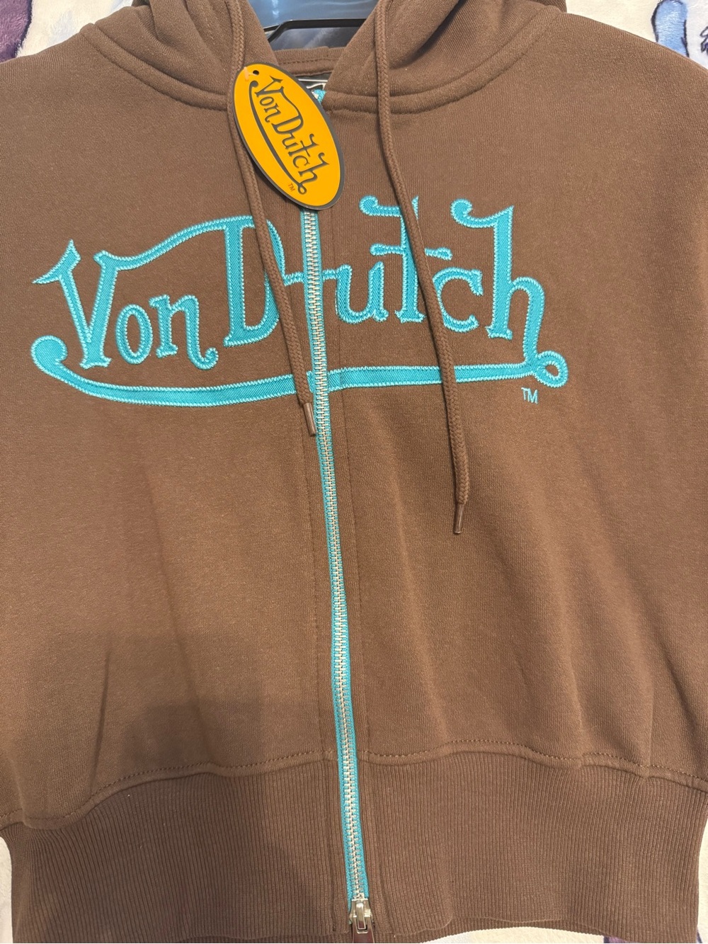 Von Dutch Brown Hoodie with Teal Logo and Zipper - Picture 2 of 5